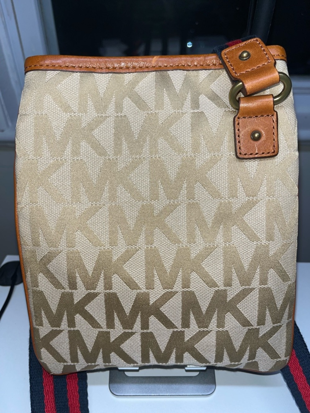 Michael Kors Beige MK Monogram Crossbody with Brown Trim and Black-Red Strap - Picture 3 of 9